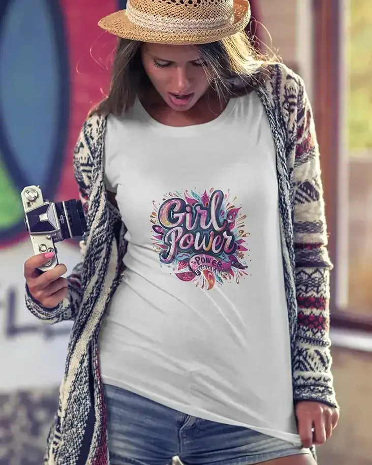 F47.Girl Power1-alb Tricou dama Girl Power Roz