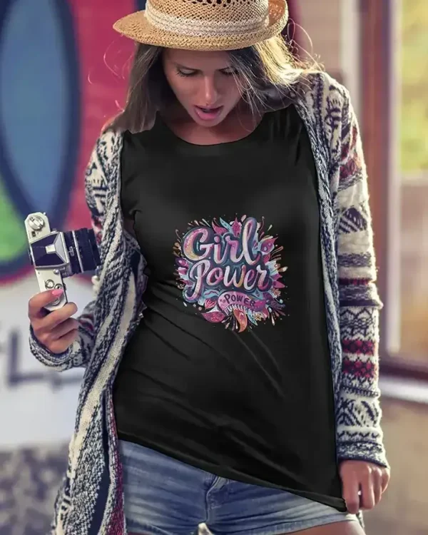 F47.Girl Power1-negru Tricou dama Girl Power Roz